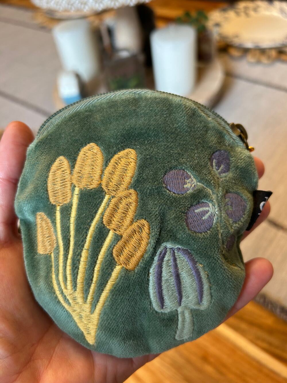 Green Velvet Pouch Embroidered Velvet Mushroom Purse Accessory Small Bag
